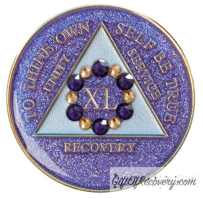 Sobriety Chip AA Bloom Glitter Purple Crystallized 40