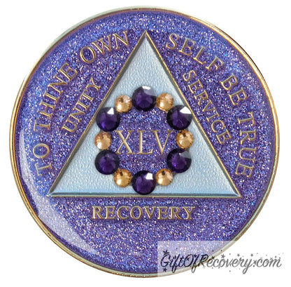 Sobriety Chip AA Bloom Glitter Purple Crystallized 45