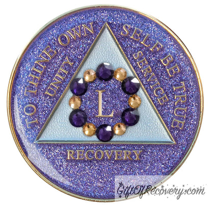 Sobriety Chip AA Bloom Glitter Purple Crystallized 50