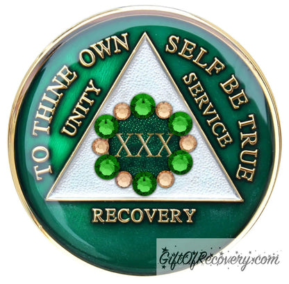 Sobriety Chip AA Bloom Green Crystallized 30