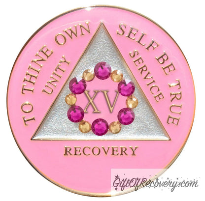 Sobriety Chip AA Bloom Pink Crystallized 15 Years