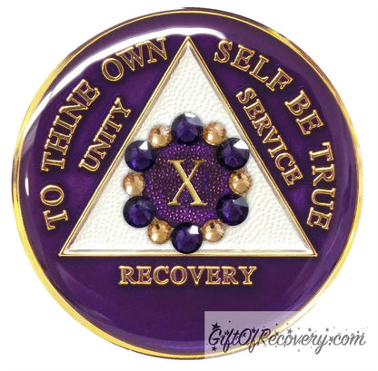 Sobriety Chip AA Bloom Purple Crystallized 10 Years