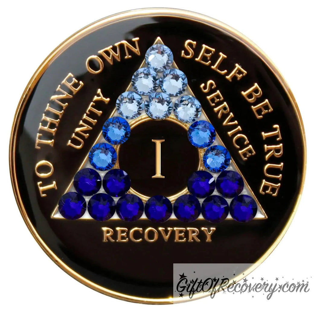 Sobriety Chip AA Blue Transition Bling Crystallized Black Triplate 1 Year