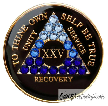 Sobriety Chip AA Blue Transition Bling Crystallized Black Triplate 25 Years