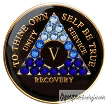 Load image into Gallery viewer, Sobriety Chip AA Blue Transition Bling Crystallized Black Triplate 5 Years
