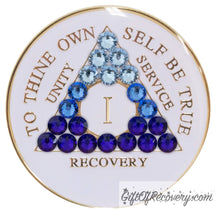 Load image into Gallery viewer, Sobriety Chip AA Blue Transition Bling Crystallized White Triplate 1 Year

