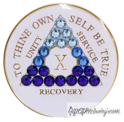 Sobriety Chip AA Blue Transition Bling Crystallized White Triplate 10 Years