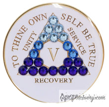 Load image into Gallery viewer, Sobriety Chip AA Blue Transition Bling Crystallized White Triplate 5 Years
