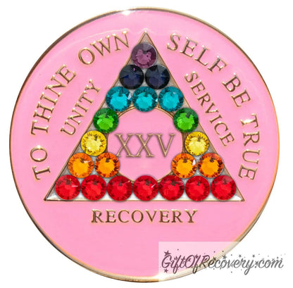 Sobriety Chip AA Chakra Crystallized Triplate Pink 25 Years