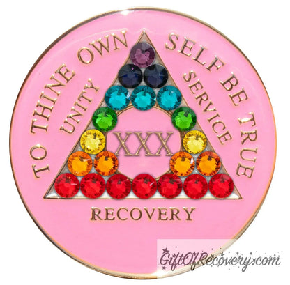 Sobriety Chip AA Chakra Crystallized Triplate Pink 30 Years