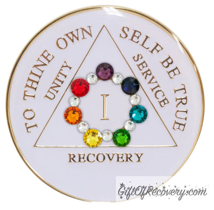 Sobriety Chip AA Circle Chakra Bling Crystallized White Triplate 1 Year
