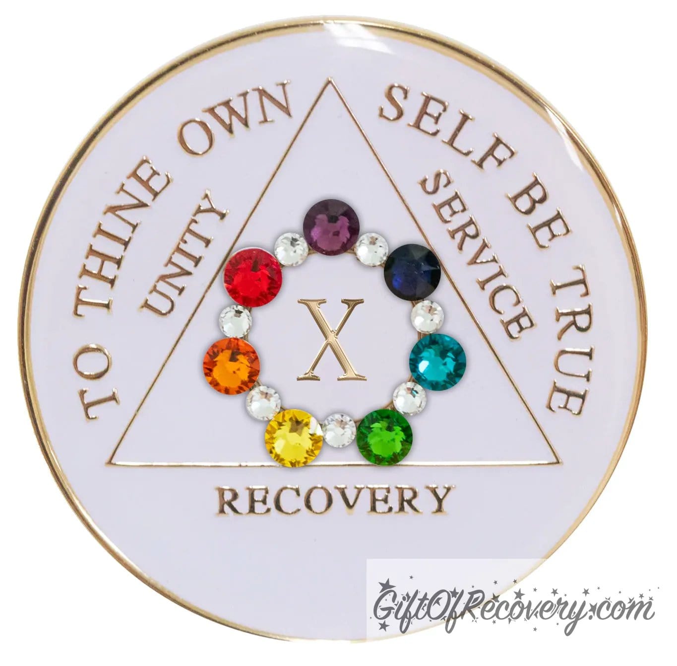 Sobriety Chip AA Circle Chakra Bling Crystallized White Triplate 10 Years