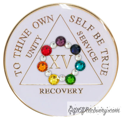 Sobriety Chip AA Circle Chakra Bling Crystallized White Triplate 15 Years