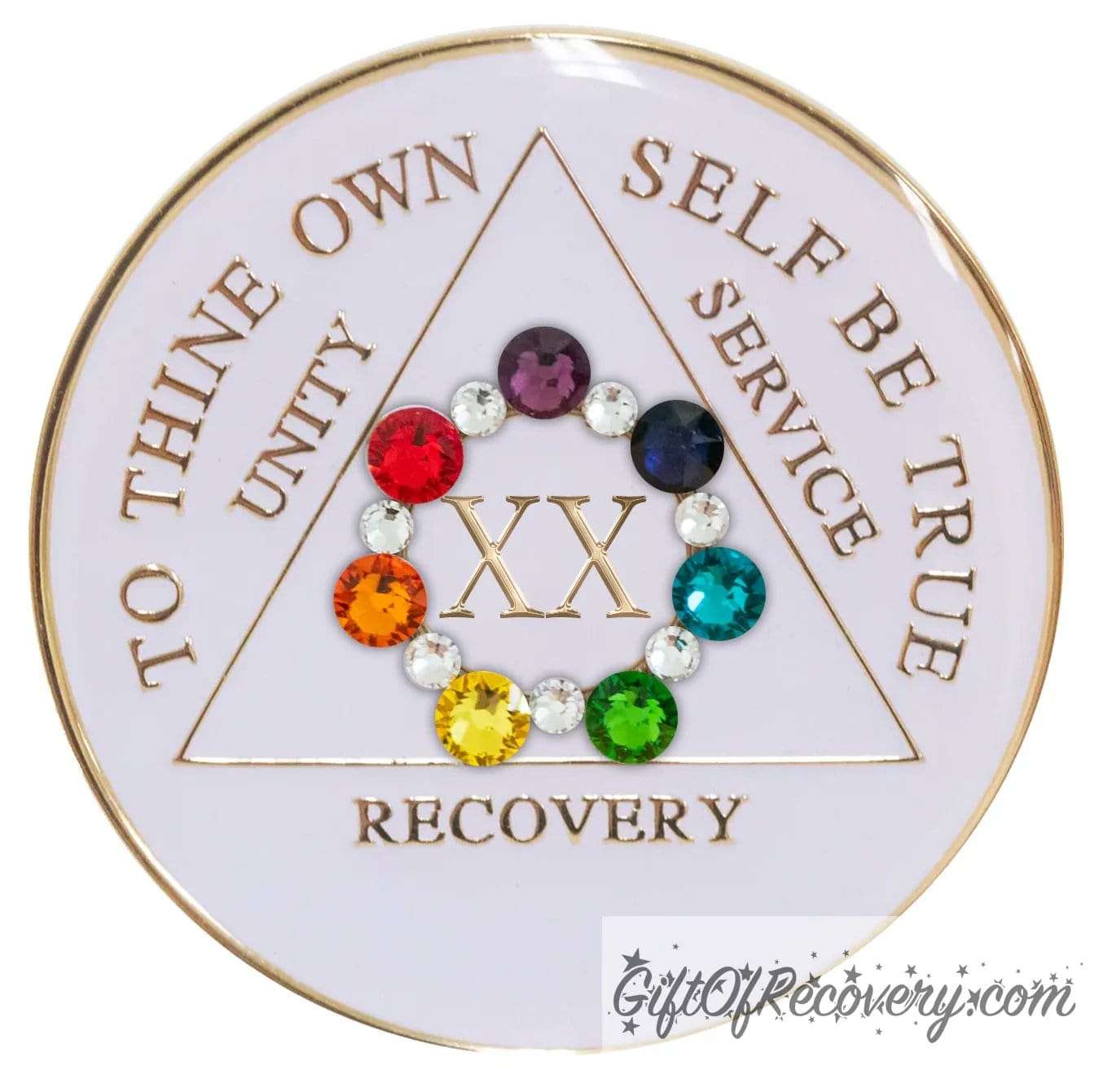 Sobriety Chip AA Circle Chakra Bling Crystallized White Triplate 20 Years