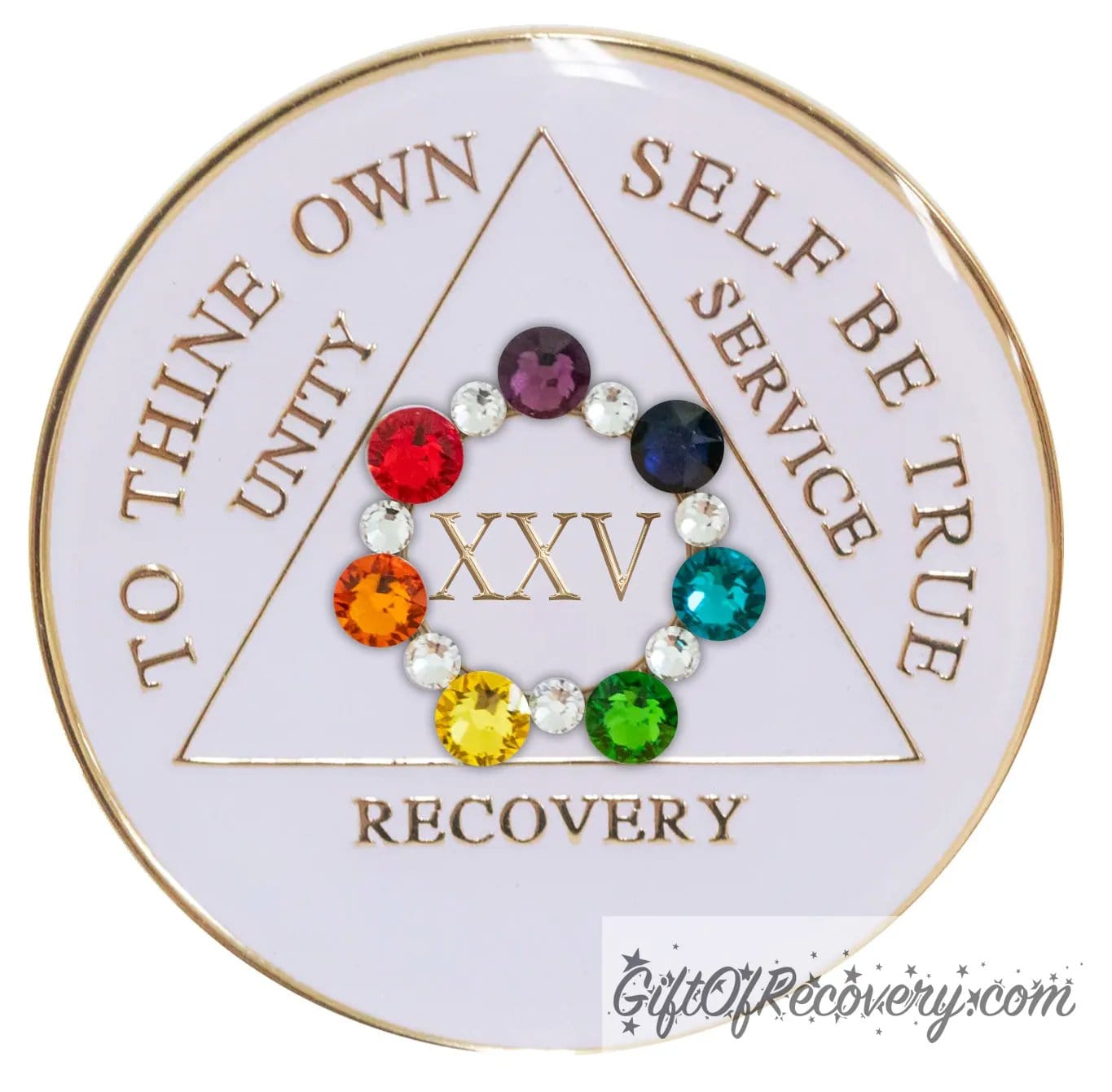 Sobriety Chip AA Circle Chakra Bling Crystallized White Triplate 25 Years