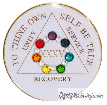 Sobriety Chip AA Circle Chakra Bling Crystallized White Triplate 35 Years