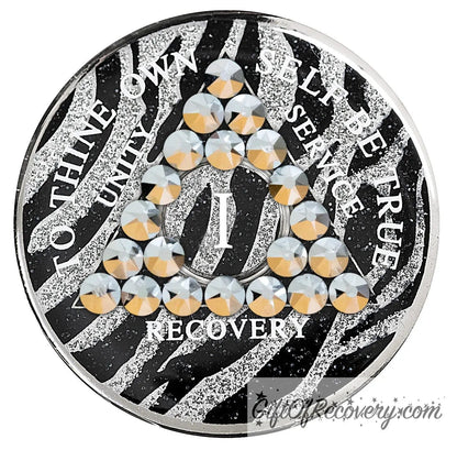 1 Year zebra glitter print, black and silver, AA medallion with 21 genuine comet crystals in a triangle around the year, the lettering unity, service, recovery, the 1 year and To Thine Own Self Be True are in white and the recovery medallion rim is silver.