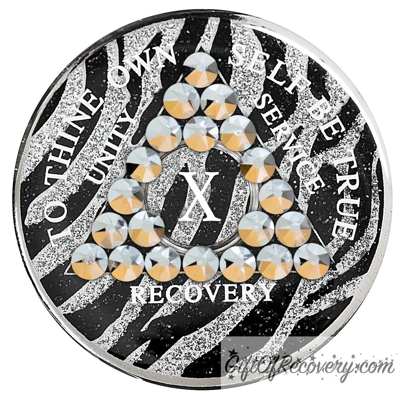 10 Year zebra glitter print, black and silver, AA medallion with 21 genuine comet crystals in a triangle around the year, the lettering unity, service, recovery, the 1 year and To Thine Own Self Be True are in white and the recovery medallion rim is silver.