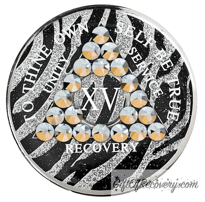 Sobriety Chip AA Comet Bling Crystallized Glitter Zebra Triplate 15 Years