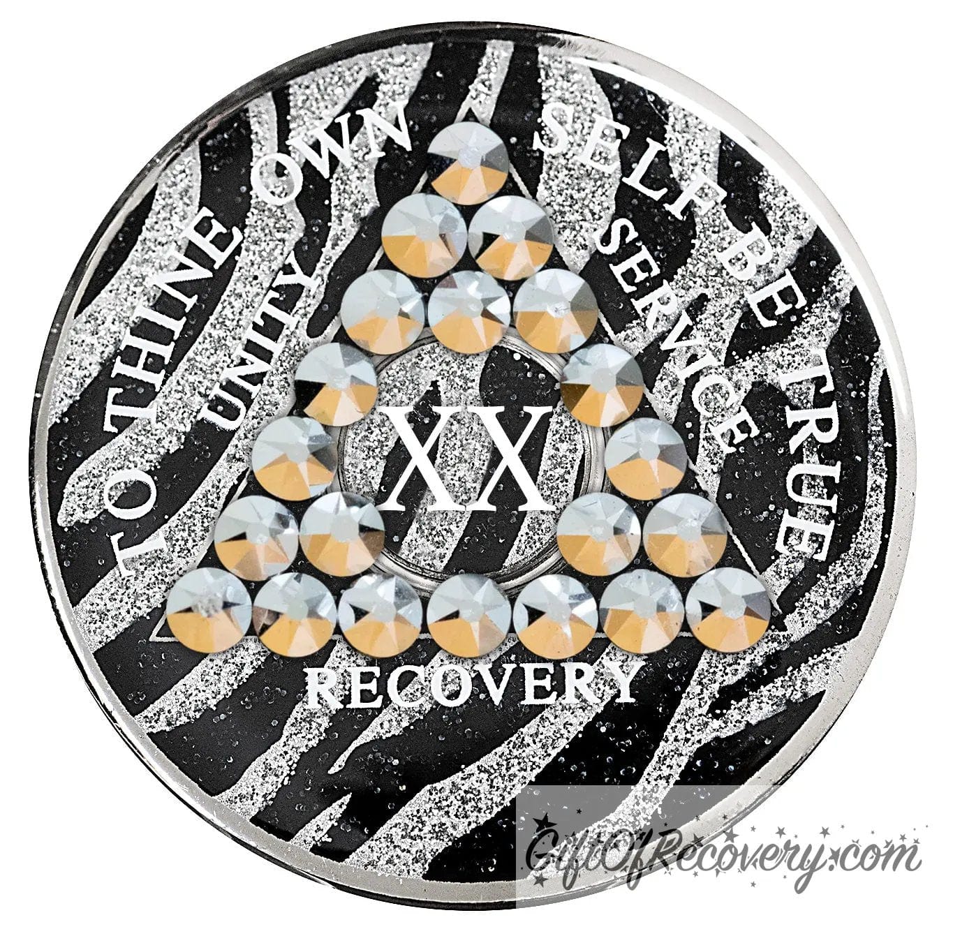 20 Year zebra glitter print, black and silver, AA medallion with 21 genuine comet crystals in a triangle around the year, the lettering unity, service, recovery, the 1 year and To Thine Own Self Be True are in white and the recovery medallion rim is silver.