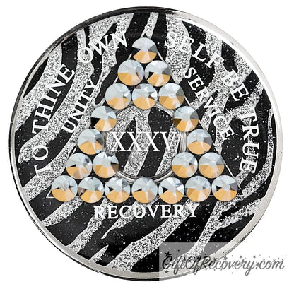 35 Year zebra glitter print, black and silver, AA medallion with 21 genuine comet crystals in a triangle around the year, the lettering unity, service, recovery, the 1 year and To Thine Own Self Be True are in white and the recovery medallion rim is silver.