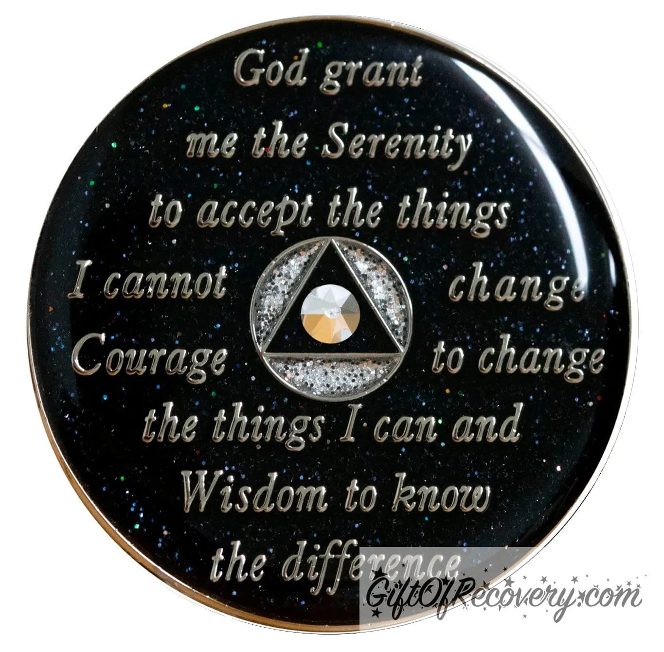 Back of AA Medallion silver and black glitter zebra print, recovery medallion is black glitter and has the raised serenity prayer, outer rim are silver, and the circle in the center is silver glitter, inside the black glitter triangle is 1 genuine comet crystal, with silver glitter accents in the circle, sealed in resin for a glossy finish.