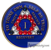 Load image into Gallery viewer, Sobriety Chip AA Crystallized Blue Bling USA Triplate 1
