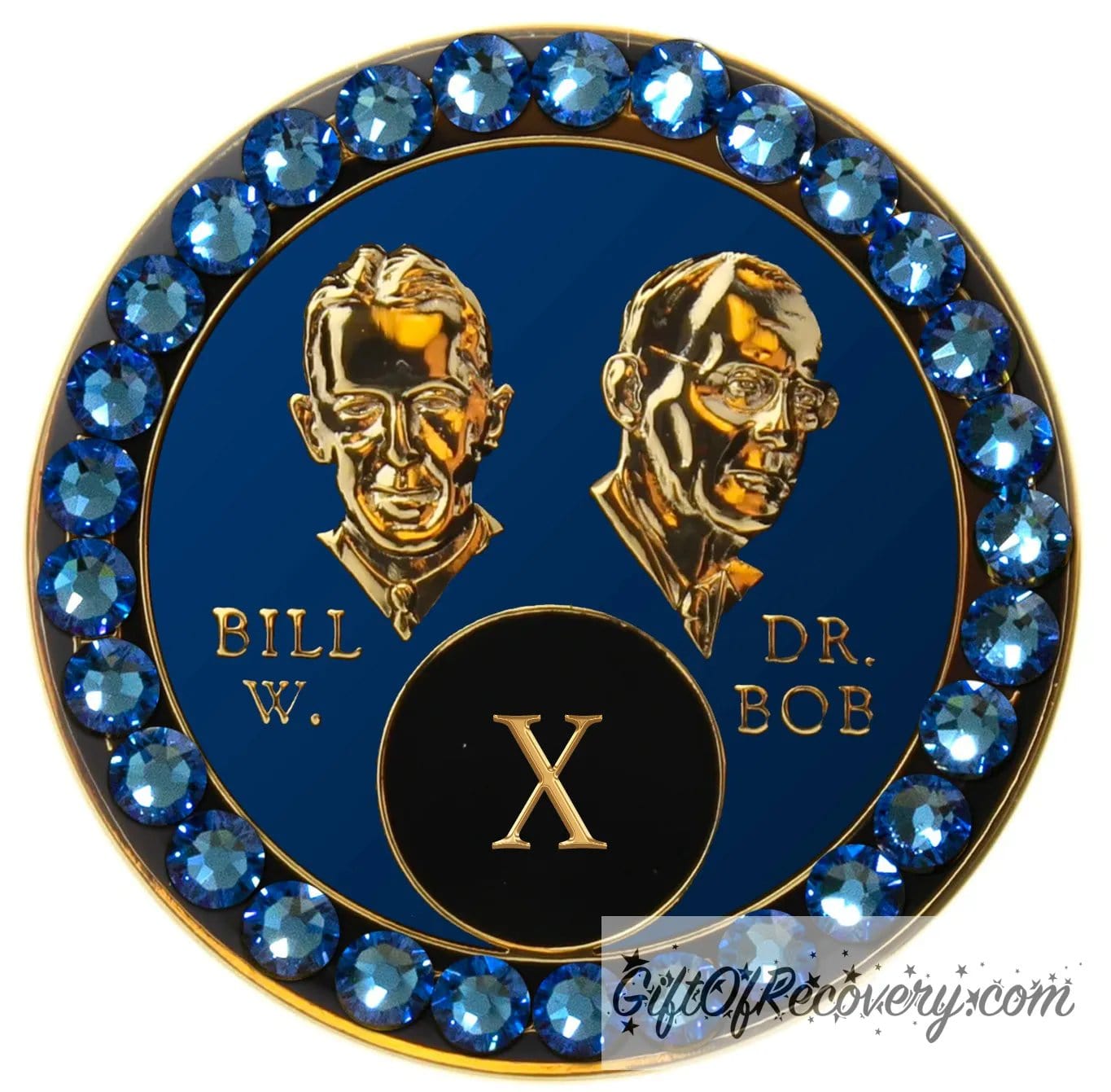 Sobriety Chip AA Crystallized Blue Sapphire Bling Bill & Bob Triplate 10