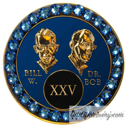 Sobriety Chip AA Crystallized Blue Sapphire Bling Bill & Bob Triplate 25