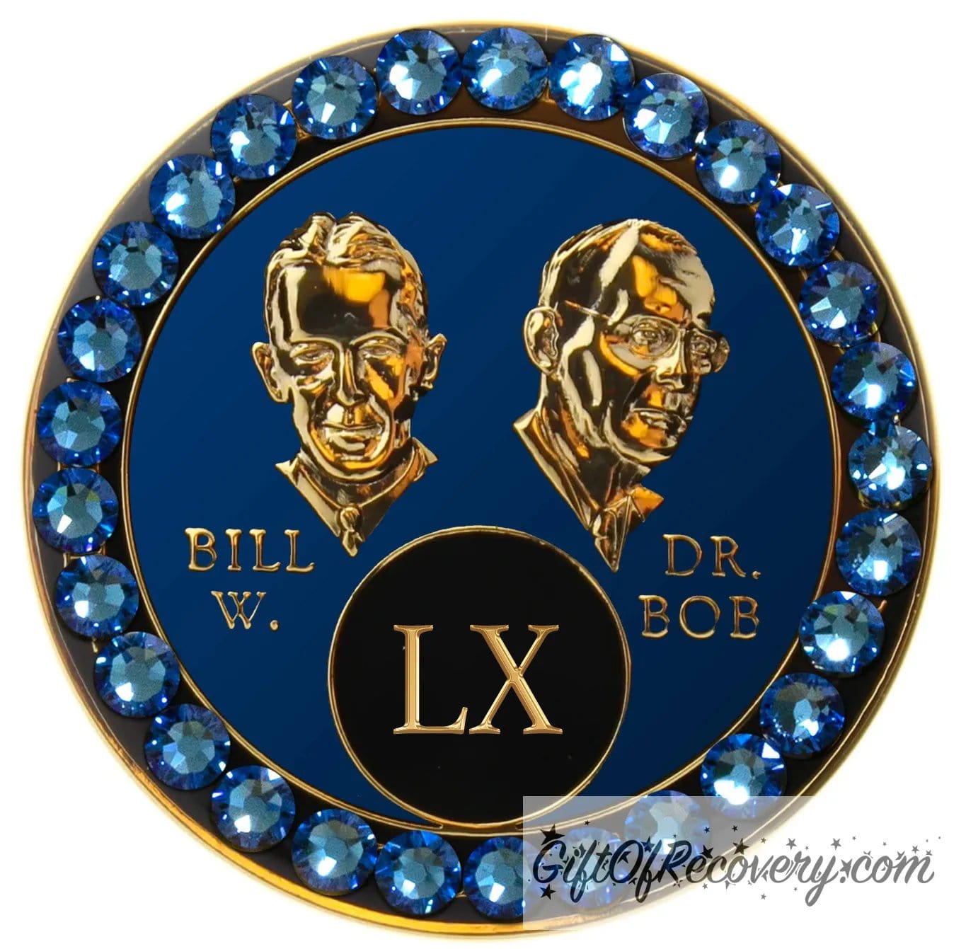 Sobriety Chip AA Crystallized Blue Sapphire Bling Bill & Bob Triplate 60