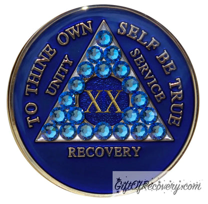 Sobriety Chip AA Crystallized Blue Triplate Sapphire Bling 20 Years