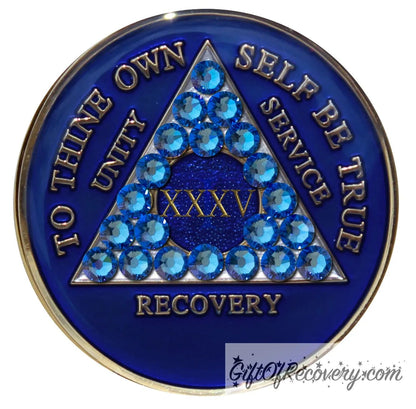 Sobriety Chip AA Crystallized Blue Triplate Sapphire Bling 35 Years