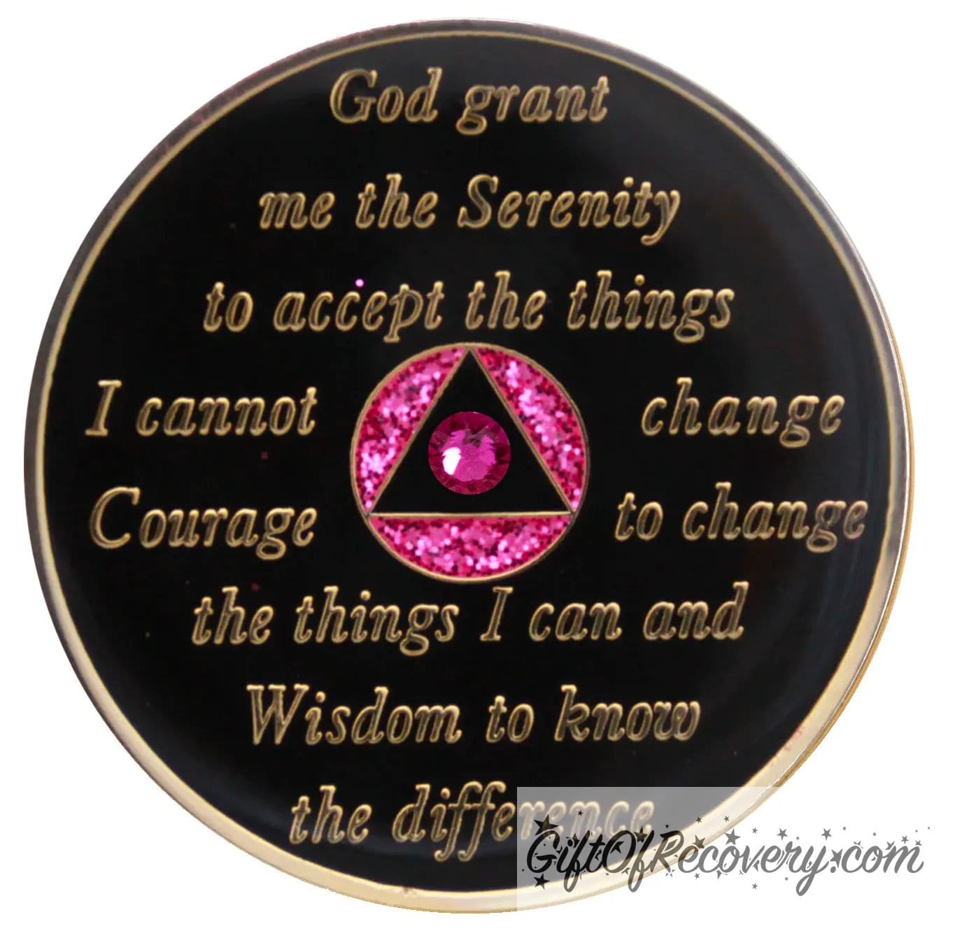 Back of Glitter pink princess Recovery medallion is black onyx with only the circle glitter pink, and the serenity prayer embossed in 14k gold plated brass, there is one single fuchsia genuine crystal in the center of the black triangle in the middle of the medallion, it is sealed with resin for a glossy finish. 