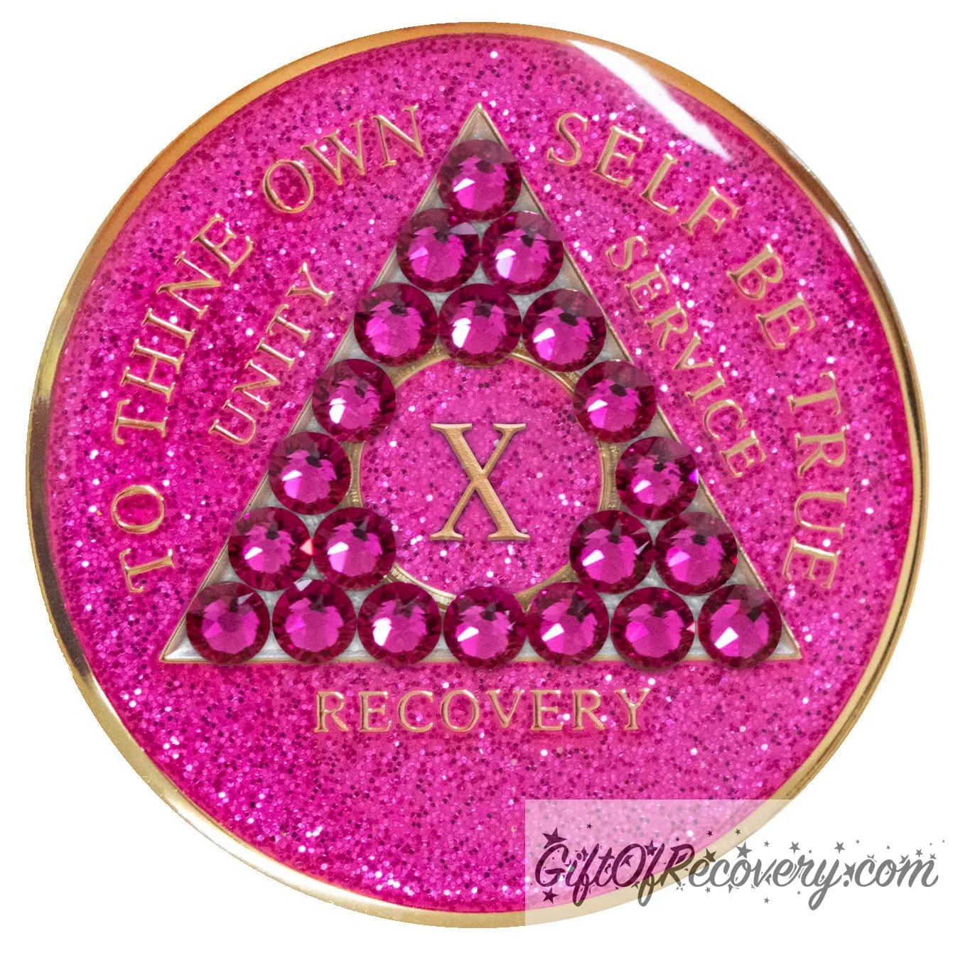 10 year Princess Pink Glitter AA medallion with 21 genuine fuchsia crystals in the shape of a triangle in the center of the recovery medallion, for your favorite sober princess, and to thine own self be true, unity, service, recovery, the roman numeral in the middle, and the outer rim, embossed in 14k plated brass, the aa medallion is sealed in resin for a shiny finish.