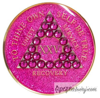 25 year Princess Pink Glitter AA medallion with 21 genuine fuchsia crystals in the shape of a triangle in the center of the recovery medallion, for your favorite sober princess, and to thine own self be true, unity, service, recovery, the roman numeral in the middle, and the outer rim, embossed in 14k plated brass, the aa medallion is sealed in resin for a shiny finish.