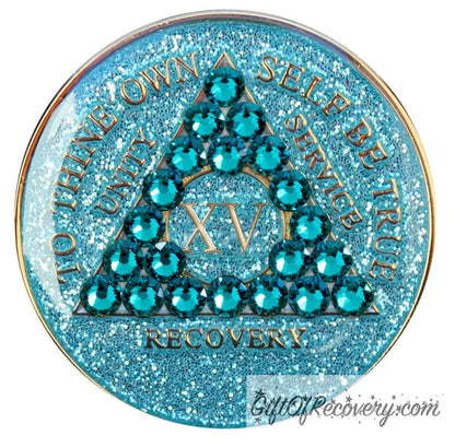Sobriety Chip AA Crystallized Glitter Triplate Aqua Blue Zircon Bling 15