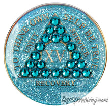 Load image into Gallery viewer, Sobriety Chip AA Crystallized Glitter Triplate Aqua Blue Zircon Bling 15
