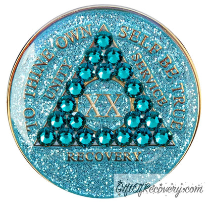 Sobriety Chip AA Crystallized Glitter Triplate Aqua Blue Zircon Bling 20