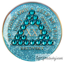 Load image into Gallery viewer, Sobriety Chip AA Crystallized Glitter Triplate Aqua Blue Zircon Bling 20
