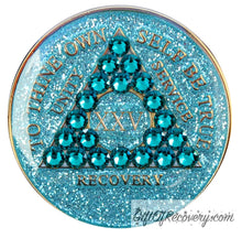 Load image into Gallery viewer, Sobriety Chip AA Crystallized Glitter Triplate Aqua Blue Zircon Bling 25
