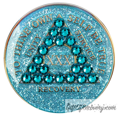 Sobriety Chip AA Crystallized Glitter Triplate Aqua Blue Zircon Bling 30