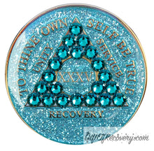 Load image into Gallery viewer, Sobriety Chip AA Crystallized Glitter Triplate Aqua Blue Zircon Bling 35
