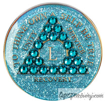 Load image into Gallery viewer, Sobriety Chip AA Crystallized Glitter Triplate Aqua Blue Zircon Bling 50
