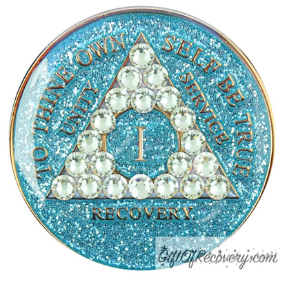 Sobriety Chip AA Crystallized Glitter Triplate Aqua Diamond 1