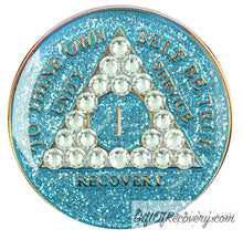 Load image into Gallery viewer, Sobriety Chip AA Crystallized Glitter Triplate Aqua Diamond 1
