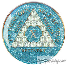 Load image into Gallery viewer, Sobriety Chip AA Crystallized Glitter Triplate Aqua Diamond 10
