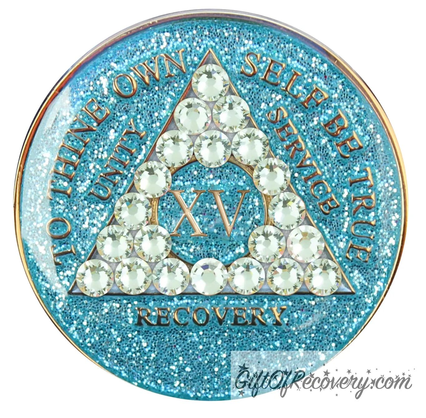 Sobriety Chip AA Crystallized Glitter Triplate Aqua Diamond 15