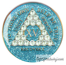 Load image into Gallery viewer, Sobriety Chip AA Crystallized Glitter Triplate Aqua Diamond 15

