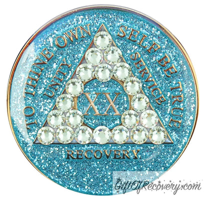 Sobriety Chip AA Crystallized Glitter Triplate Aqua Diamond 20