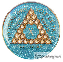 Load image into Gallery viewer, Sobriety Chip AA Crystallized Glitter Triplate Aqua &amp; Gold 10
